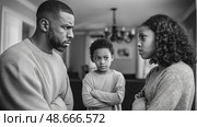 Family confrontation, father, daughter, and son engaging in heated argument at home. Стоковое AI-изображение, AI-художник Юрий Поздников / Фотобанк Лори