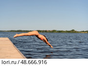 Fit woman diving headfirst from pier into lake. Healthy body, strong motion, natural summer activity. Стоковое фото, фотограф Скоробогатова Е. / Фотобанк Лори