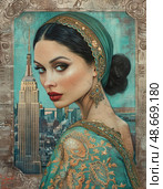 beautiful woman with the Empire State Building in the background, in the style of light bronze and aquamarine, intricate embellishments, softly blended hues, nouveau rйalisme, romantic visions, elegant clothing. Стоковое AI-изображение, AI-художник Anastasy Yarmolovich / Фотобанк Лори