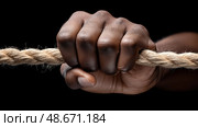 Strong hand gripping a thick rope in a dramatic black and white composition. Сильная рука держит толстый канат в драматической  композиции. Стоковое AI-изображение, AI-художник Katsiaryna Repich / Фотобанк Лори