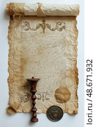 Vintage Scroll with Ancient Seal and Red Ribbon on Wrinkled Parchment, a symbol of historic documents and tradition. Стоковое AI-изображение, AI-художник Anastasy Yarmolovich / Фотобанк Лори