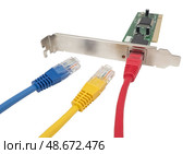 Сетевая карта персонального компьютера и разъем сетевого кабеля на белом фоне. Network card and network cable plug on a white background. Стоковое фото, фотограф Татьяна Д / Фотобанк Лори