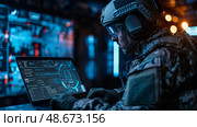 Military in tactical gear using laptop in hightech center for data, intelligence, cyber ops, digital warfare. Стоковое AI-изображение, AI-художник Anastasy Yarmolovich / Фотобанк Лори