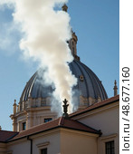A plume of white smoke billows from the iconic dome of the Sistine Chapel, marking the moment of a new popes election in Vatican City under a clear blue sky Generative AI. Стоковое AI-изображение, AI-художник Юлия Петровская / Фотобанк Лори