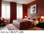 Soft crimson walls and plush furniture create a warm ambiance in this inviting bedroom. Warm lighting enhances the cozy atmosphere for restful evenings and peaceful nights Generative AI. Стоковое AI-изображение, AI-художник Юлия Петровская / Фотобанк Лори