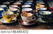 mismatched vintage coffee cup ai generated. Стоковое AI-изображение, AI-художник Vectorwin / Фотобанк Лори