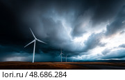Dark shelf cloud preceding a severe thunderstorm at a wind turbine park. Beautiful thunderstorm black clouds and clouds hanging over the ground. Стоковое AI-изображение, AI-художник ALLA YURTAYEVA / Фотобанк Лори