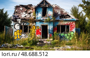 collapsed destroyed house ai generated. Стоковое AI-изображение, AI-художник Vectorwin / Фотобанк Лори