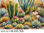 Vibrant cactus and succulent garden in a desert landscape. Стоковое AI-изображение, AI-художник Башкирова Анна / Фотобанк Лори