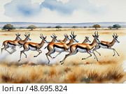 Herd of antelopes running across african savanna landscape with trees and grass. Стоковое AI-изображение, AI-художник Башкирова Анна / Фотобанк Лори
