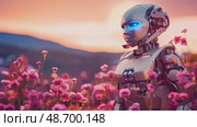 Modern cybernetic robot in a field of flowers or working in a garden for the benefit of humanity. Cyborg working online at a station. Futuristic cyborg. Modern technologies, AI control. Concept of the future. 3D rendering. Стоковое AI-видео, аниматор ALLA YURTAYEVA / Фотобанк Лори