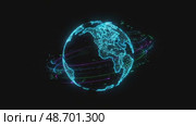 Digital globe illustration with glowing blue lines on black background. Стоковое AI-видео, аниматор KATERINA AI / Фотобанк Лори