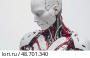 Futuristic humanoid robot works for the benefit of humanity. Cyborg working online at the station. Modern technologies, AI control. Concept of the future. 3D rendering. Стоковое AI-видео, аниматор ALLA YURTAYEVA / Фотобанк Лори