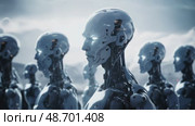 Group of artificial intelligence robots. Group of cyborgs in factors. Modern technologies, AI management. Concept of the future. 3D rendering. Стоковое AI-видео, аниматор ALLA YURTAYEVA / Фотобанк Лори