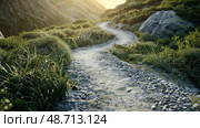 A peaceful trail meanders through vibrant vegetation, surrounded by rocky hills, capturing the beauty of nature at sunset. Стоковое AI-изображение, AI-художник Данила Большаков / Фотобанк Лори