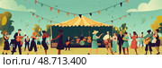 Crowds dance joyfully at a vibrant outdoor music festival, with musicians entertaining under a striped tent in a sunny park. Стоковое AI-изображение, AI-художник Данила Большаков / Фотобанк Лори