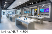 Modern electronics store displaying latest smartphones and gadgets. Стоковое AI-изображение, AI-художник Юрий Поздников / Фотобанк Лори