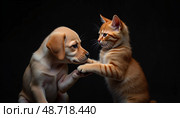 Щенок и котенок играют друг с другом на темном фоне. Стоковое AI-изображение, AI-художник Валентина Клепикова / Фотобанк Лори