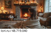 A wide-angle view of a cozy living room with a crackling fireplace, where a girl sits wrapped in a blanket, her oversize cardigan shining in fireplace light with Christmas festive decorated interior. Стоковое AI-видео, аниматор Sergey Grishin / Фотобанк Лори