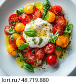 Fresh Salad With Heirloom Tomatoes and Creamy Burrata Topped With Basil and Olive Oil. Стоковое AI-изображение, AI-художник Юлия Гапеенко / Фотобанк Лори