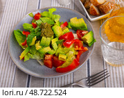 Plate contains portion of salad from fresh vegetables and pesto sauce. Стоковое фото, фотограф Яков Филимонов / Фотобанк Лори
