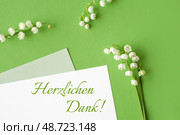 Lily of the valley flowers with greeting card text "Herzlichen Dank!" meaning "Thank you very much!" in German on green background. Стоковое фото, фотограф Аnna Ivanova / Фотобанк Лори
