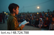A Young Boy Stands on a Makeshift Stage, Reciting Heartfelt Poetry as Tears Stream Down His Face. Стоковое AI-изображение, AI-художник Sergey Grishin / Фотобанк Лори