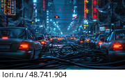 In a vibrant city at night, tangled electric cables dominate the streets as taxis remain still amidst glowing neon lights and decorations. Стоковое AI-изображение, AI-художник Данила Большаков / Фотобанк Лори