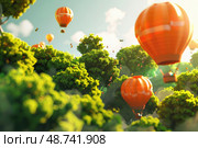 Bright orange hot air balloons ascend gracefully amidst vibrant green treetops under a clear blue sky on a sunny day. Стоковое AI-изображение, AI-художник Данила Большаков / Фотобанк Лори