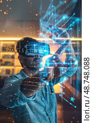 A man wearing a VR headset interacts with virtual reality technology in a home setting. He is interacting with a virtual interface, potentially for gaming, entertainment, or education. Стоковое AI-изображение, AI-художник Данила Большаков / Фотобанк Лори