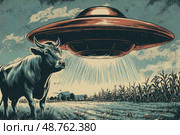 A cow is standing in a field next to a large red and orange UFO. Стоковое AI-изображение, AI-художник Ярославский Максим / Фотобанк Лори