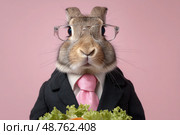 A rabbit wearing glasses and a suit is holding a bunch of lettuce. Стоковое AI-изображение, AI-художник Ярославский Максим / Фотобанк Лори
