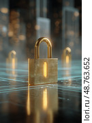 Digital Golden Lock Symbolizes Cybersecurity and Data Protection in a Futuristic Setting. Стоковое AI-изображение, AI-художник Юлия Гапеенко / Фотобанк Лори