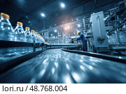 Editorial photography, very wide angle, a modern automatic bottling line inside a modern factory. Стоковое AI-изображение, AI-художник Ярославский Максим / Фотобанк Лори