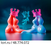 Две абстрактные аморфные фигуры в коронах и сущность из дымки с королевской короной в воздухе на темном фоне. Абстрактная композиция. Стоковое AI-изображение, AI-художник Sergei Gorin / Фотобанк Лори