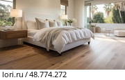 bedroom hard wood floor in luxury home ai generated. Стоковое AI-изображение, AI-художник Vectorwin / Фотобанк Лори