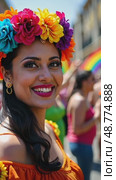 A close-up of a woman face adorned with a traditional Mexican floral crown, her expression filled with pride as she dances during Cinco de Mayo, Independence Day, Fiesta and festival. Стоковое AI-видео, аниматор Sergey Grishin / Фотобанк Лори