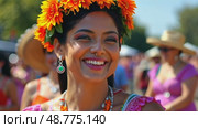 A close-up of a woman face adorned with a traditional Mexican floral crown, her expression filled with pride as she dances during Cinco de Mayo, Independence Day, Fiesta and festival. Стоковое AI-видео, аниматор Sergey Grishin / Фотобанк Лори