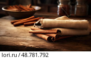 scene cinamon stick on table ai generated. Стоковое AI-изображение, AI-художник Vectorwin / Фотобанк Лори