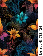 Bold blooms in shades of blue, orange, and gold intertwine with delicate leaves, creating a mesmerizing tapestry full of artistic flair and energy that enchants the viewer Generative AI. Стоковое AI-изображение, AI-художник Юлия Петровская / Фотобанк Лори