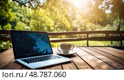 outdoor coffee mug laptop ai generated. Стоковое AI-изображение, AI-художник Vectorwin / Фотобанк Лори