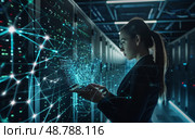 Hightech data center with woman using laptop and digital glowing blue lines. Стоковое AI-изображение, AI-художник Anastasy Yarmolovich / Фотобанк Лори