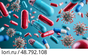 Antibiotic pills surrounded by resilient bacteria, Healthcare dilemma, Visual representation of antibiotic resistance crisis. Стоковое AI-изображение, AI-художник Anastasy Yarmolovich / Фотобанк Лори