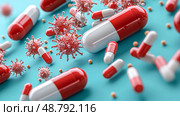 Antibiotic pills surrounded by resilient bacteria, Healthcare dilemma, Visual representation of antibiotic resistance crisis. Стоковое AI-изображение, AI-художник Anastasy Yarmolovich / Фотобанк Лори
