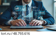 A person in a business suit working on a laptop with virtual icons related to project management, featuring task lists analysis and business processes flowing chart. Стоковое AI-видео, аниматор Sergey Grishin / Фотобанк Лори
