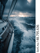A boat is sailing in the ocean with a storm in the background. Стоковое AI-изображение, AI-художник Ярославский Максим / Фотобанк Лори