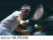 A tennis player is in the middle of a swing, with the ball in the air. Стоковое AI-изображение, AI-художник Ярославский Максим / Фотобанк Лори