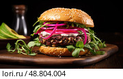 blackbean bun burger food background ai generated. Стоковое AI-изображение, AI-художник Vectorwin / Фотобанк Лори