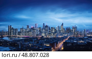 scrapers blue grey sky ai generated. Стоковое AI-изображение, AI-художник Vectorwin / Фотобанк Лори