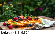 Belgian waffles with golden honey and fresh blueberries, raspberries and mint leaves on a rustic wooden table with a beautiful napkin. Delicious dessert. Copy space. Стоковое AI-изображение, AI-художник Iva Noel / Фотобанк Лори